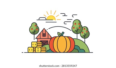 A colorful flat design illustration featuring a farm scene with a large orange pumpkin, a barn, hay bales, and trees under a sunny sky