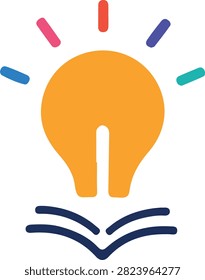 Colorful flat design illustration of an orange light bulb above an open book, surrounded by multicolored light rays. A modern symbol of education, knowledge, reading, learning, creativity, inspiration and innovative ideas, isolated on a white background.