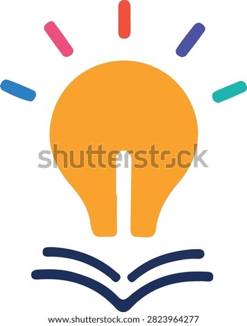 Colorful flat design illustration of an orange light bulb above an open book, surrounded by multicolored light rays. A modern symbol of education, knowledge, reading, learning, creativity, inspiration and innovative ideas, isolated on a white background.