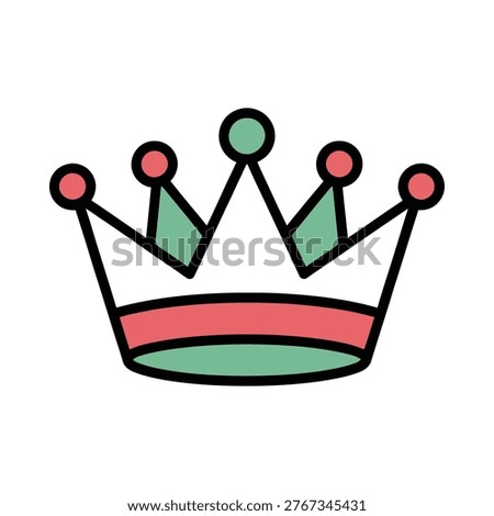 A colorful flat design illustration of a regal crown with green and red accents