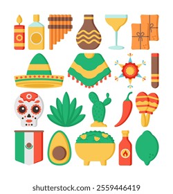 A colorful flat design illustration set featuring Mexican culture elements like sombrero, poncho, maracas, skull, guacamole, avocado, and tequila. Perfect for Mexican-themed designs or celebrations