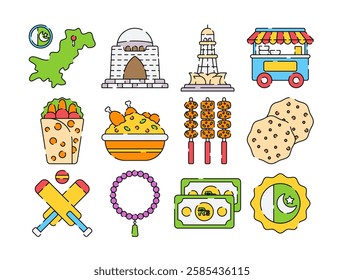 A colorful flat design illustration set featuring iconic Pakistan elements, including landmarks, food, culture symbols, and national monuments. Perfect for cultural projects!