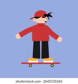 A colorful flat design illustration of a skater boy in a red outfit and cap, riding a skateboard. Geometric and minimal style character in a playful and youthful pose.