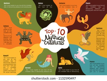 Colorful flat design infographics with text field for description of ten different mythical creatures vector illustration