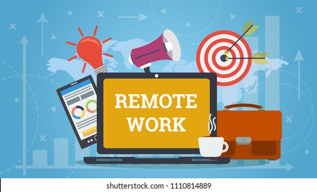 Colorful flat design of laptop with elements of work and words Remote work on blue world map background