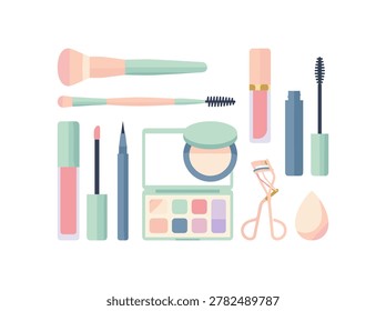 Colorful flat design of makeup brushes, lipstick, eyeliner, scissors, and cosmetic palette for beauty and styling purposes.