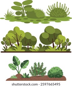 Colorful Flat Design Nature Scenes with Trees and Bushes