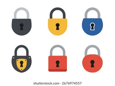 Candados planos coloridos del diseño fijados para los conceptos de la seguridad y de la protección de datos