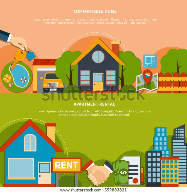 Colorful flat design real estate horizontal\
banners set with comfortable home and apartment rental icons\
isolated vector\
illustration