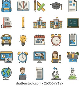 Colorful flat design school icons. Education concept vector illustration
