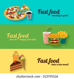 Colorful flat design set of 3 horizontal fastfood banners
