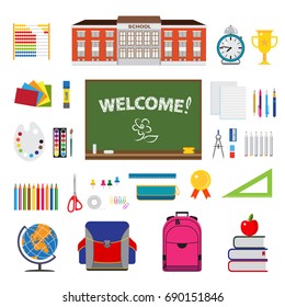 Colorful flat design with set of stationary elements, school and school bus. Isolated on white background.