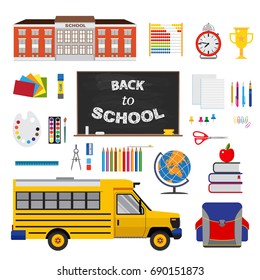 Colorful flat design with set of stationary elements, school and school bus. Isolated on white background.