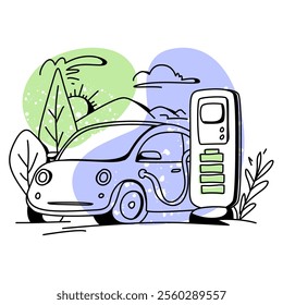 Colorful flat design showcasing an electric car connected to a renewable Energy Charging Station, symbolizing the future of clean transportation