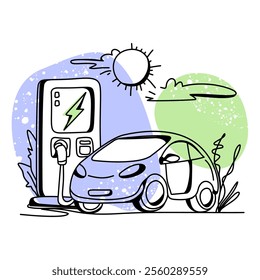 Colorful flat design showcasing an electric car connected to a renewable Energy Charging Station, symbolizing the future of clean transportation