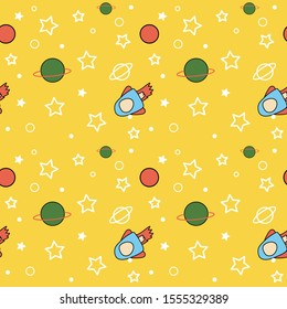 Colorful Flat design: space and planet concept. Cute template with planets, space ship and Stars in space. Seamless pattern background.