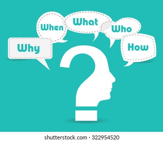 Colorful flat design speech paper and question bubbles with text why, where, who, when, how, what.