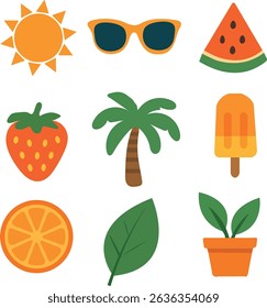 Design plano colorido ícone de verão com frutas, sol, plantas e picolé. Perfeito para crianças, adesivos, impressões, web, e projetos criativos sazonais. Brilhante, divertido e brincalhão!