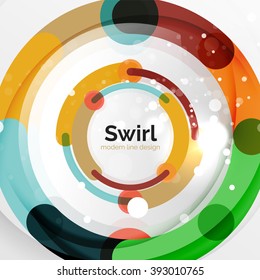 Colorful flat design vector abstract background. Swirl and circle shaped lines on white. Geometrical futuristic template with light effects
