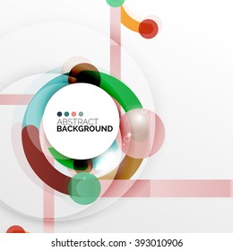 Farbiges Flachdesign, Vektorgrafik-abstrakter Hintergrund. Schwirle und kreisförmige Linien auf Weiß. Geometrische futuristische Vorlage mit Lichteffekten