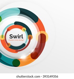 Colorful flat design vector abstract background. Swirl and circle shaped lines on white. Geometrical futuristic template with light effects