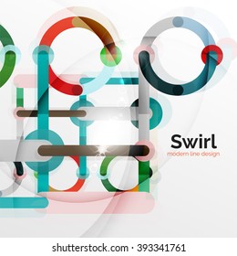 Fondo abstracto del vector de diseño plano colorido. Girar y dar forma a las líneas en forma de círculo sobre blanco. Plantilla futurista geométrica con efectos de luz