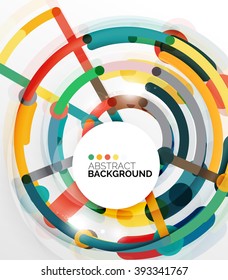 Colorful flat design vector abstract background. Swirl and circle shaped lines on white. Geometrical futuristic template with light effects