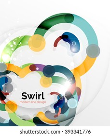 Colorful flat design vector abstract background. Swirl and circle shaped lines on white. Geometrical futuristic template with light effects
