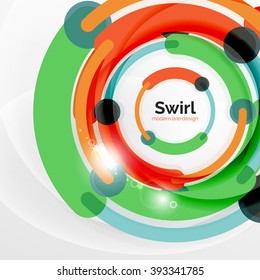 Fondo abstracto del vector de diseño plano colorido. Girar y dar forma a las líneas en forma de círculo sobre blanco. Plantilla futurista geométrica con efectos de luz