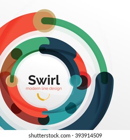 Colorful flat design vector abstract background. Swirl and circle shaped lines on white. Geometrical futuristic template with light effects