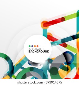 Farbiges Flachdesign, Vektorgrafik-abstrakter Hintergrund. Schwirle und kreisförmige Linien auf Weiß. Geometrische futuristische Vorlage mit Lichteffekten