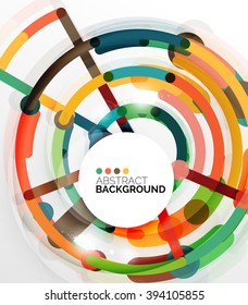 Colorful flat design vector abstract background. Swirl and circle shaped lines on white. Geometrical futuristic template with light effects