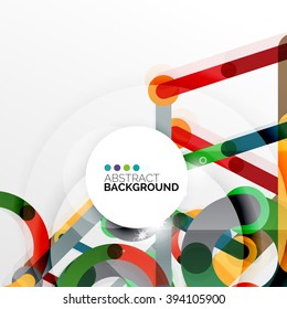 Plano de fundo abstrato vetor de design plano colorido. Redemoinho e linhas em forma de círculo em branco. Modelo geométrico futurista com efeitos de luz