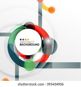Colorful flat design vector abstract background. Swirl and circle shaped lines on white. Geometrical futuristic template with light effects