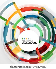 Colorful flat design vector abstract background. Swirl and circle shaped lines on white. Geometrical futuristic template with light effects