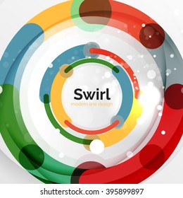 Colorful flat design vector abstract background. Swirl and circle shaped lines on white. Geometrical futuristic template with light effects