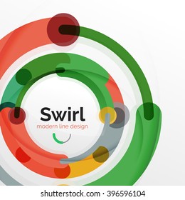 Colorful flat design vector abstract background. Swirl and circle shaped lines on white. Geometrical futuristic template with light effects