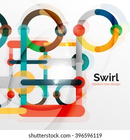Fondo abstracto del vector de diseño plano colorido. Girar y dar forma a las líneas en forma de círculo sobre blanco. Plantilla futurista geométrica con efectos de luz