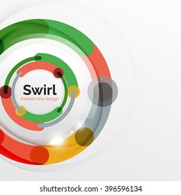 Colorful flat design vector abstract background. Swirl and circle shaped lines on white. Geometrical futuristic template with light effects