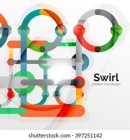 Fondo abstracto del vector de diseño plano colorido. Girar y dar forma a las líneas en forma de círculo sobre blanco. Plantilla futurista geométrica con efectos de luz