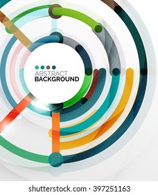 Fondo abstracto del vector de diseño plano colorido. Girar y dar forma a las líneas en forma de círculo sobre blanco. Plantilla futurista geométrica con efectos de luz