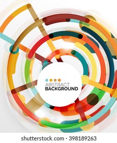 Colorful flat design vector abstract background. Swirl and circle shaped lines on white. Geometrical futuristic template with light effects