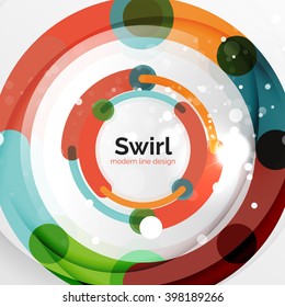 Colorful flat design vector abstract background. Swirl and circle shaped lines on white. Geometrical futuristic template with light effects