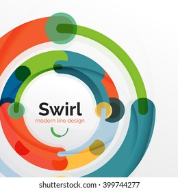 Colorful flat design vector abstract background. Swirl and circle shaped lines on white. Geometrical futuristic template with light effects