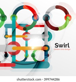 Colorful flat design vector abstract background. Swirl and circle shaped lines on white. Geometrical futuristic template with light effects