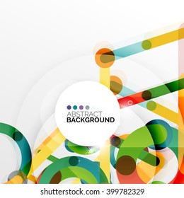 Fondo abstracto del vector de diseño plano colorido. Girar y dar forma a las líneas en forma de círculo sobre blanco. Plantilla futurista geométrica con efectos de luz