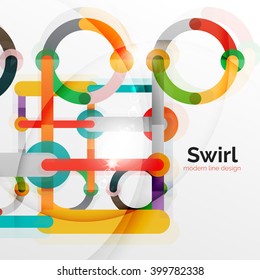 Colorful flat design vector abstract background. Swirl and circle shaped lines on white. Geometrical futuristic template with light effects