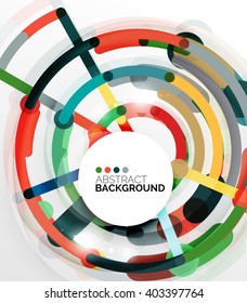 Fondo abstracto del vector de diseño plano colorido. Girar y dar forma a las líneas en forma de círculo sobre blanco. Plantilla futurista geométrica con efectos de luz