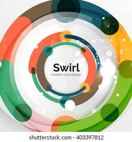 Colorful flat design vector abstract background. Swirl and circle shaped lines on white. Geometrical futuristic template with light effects