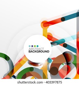 Farbiges Flachdesign, Vektorgrafik-abstrakter Hintergrund. Schwirle und kreisförmige Linien auf Weiß. Geometrische futuristische Vorlage mit Lichteffekten